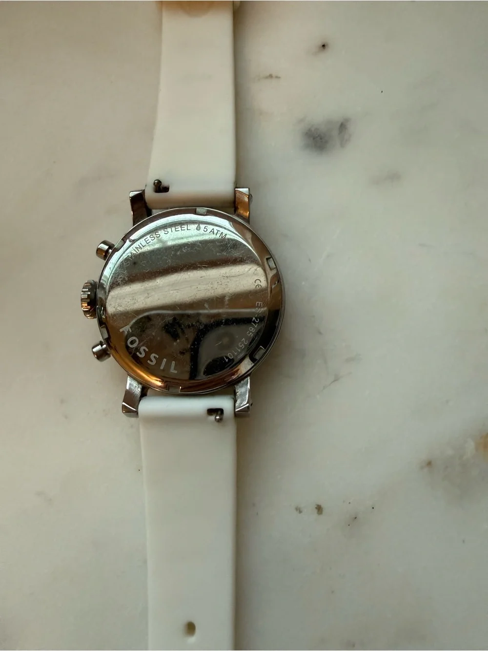 Fossil Silver Dial and White Silicone Strap Chronograph Watch